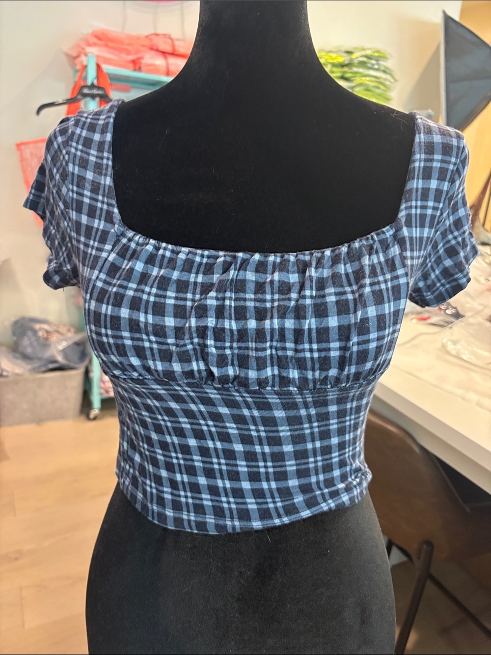 PacSun Blue Plaid Square-Neck Crop Top
